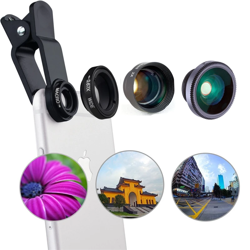 

4 in 1 camera lens kit 2X telephoto lens +180 Fisheye Fish eye + Macro + 0.67X Wide angle Lens for iphone 6 Samsung HTC CL-85-2X