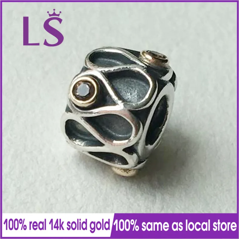 

LS 100% Infinity Two Tone Silver 14.k G.old Smokey Quartz Charm Fit Bracelets Pulseira Pingente 100% Original Fine Jewelry N