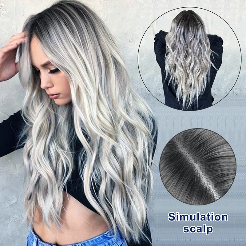 

Synthetic Long Wavy Gray Wig for Woman Middle Curling of High Temperature Filament of Chemical Fibers Heat Resistant Fiber
