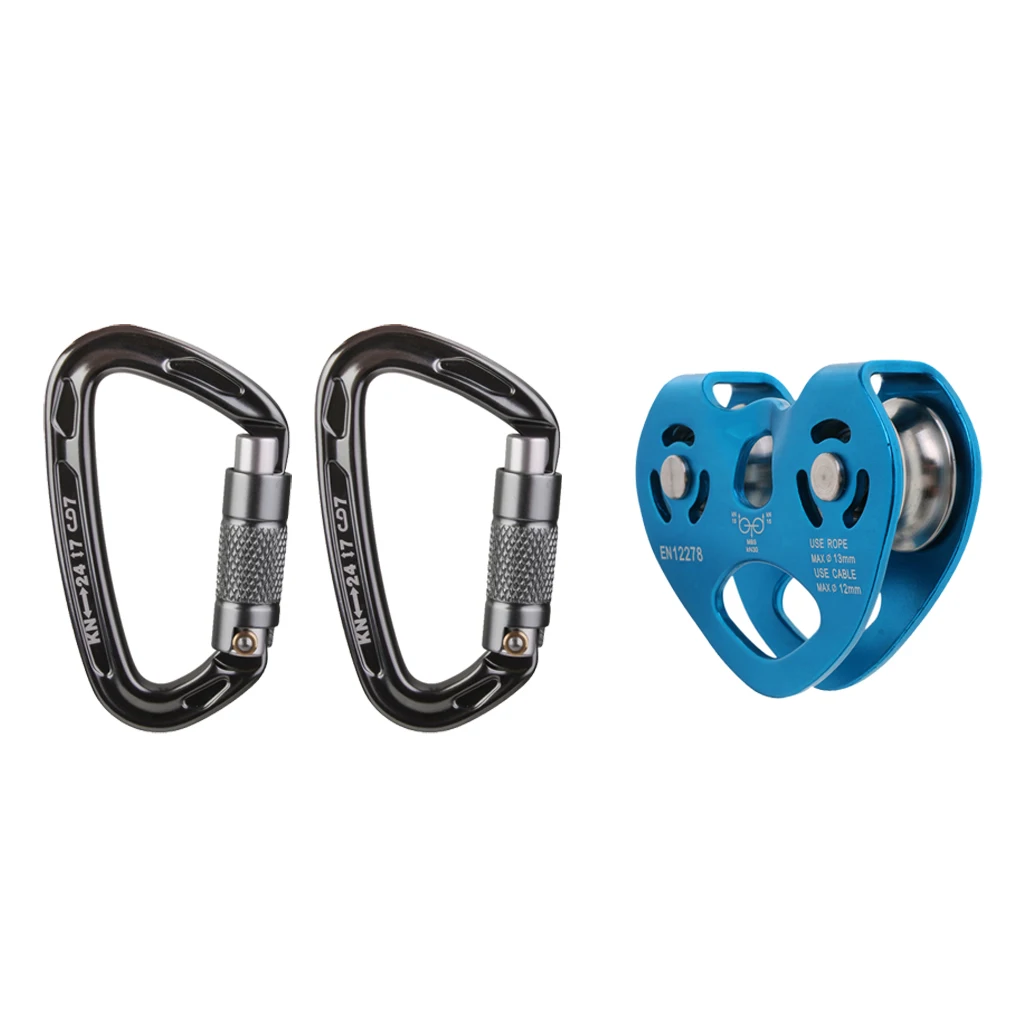 30KN Zip Line Cable Wire Rope Trolley Fast Speed Double Pulley + 2 Pcs D-Ring Carabiners Keychain Rock Climbing Snap Hook