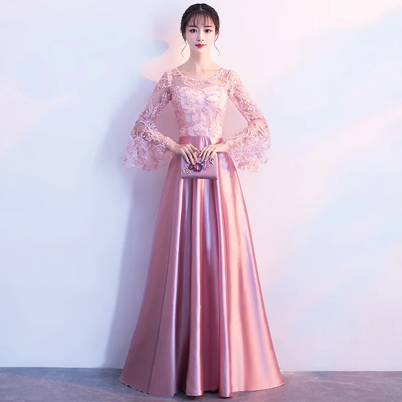 

Pink Bridesmaid Dresses 2019 A Line Long Sleeve Wedding Party Formal Dress Robe Demoiselle D'honneur Fille Elegant Prom Gowns