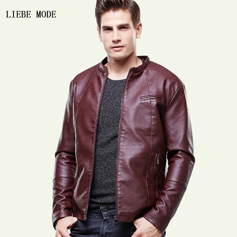 Men Autumn Winter Stand Collar Pu Leather Fleece Lined Jacket Mens Warm