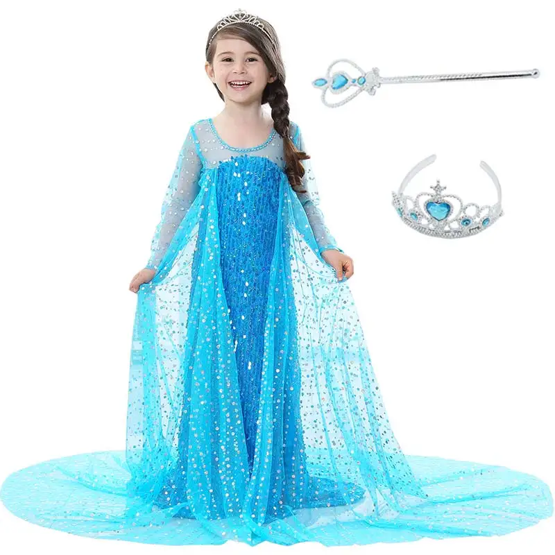 Платье Эльзы с блестками и короной для девочек, детская одежда с королевой, одежда с аниме, костюм принцессы Эльзы, праздничные платья для костюмированной вечеринки