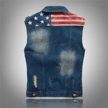 

2019 Ripped Vest America Flag Blue Waistcoat Cowboy Jeans Jacket Men Sleeveless