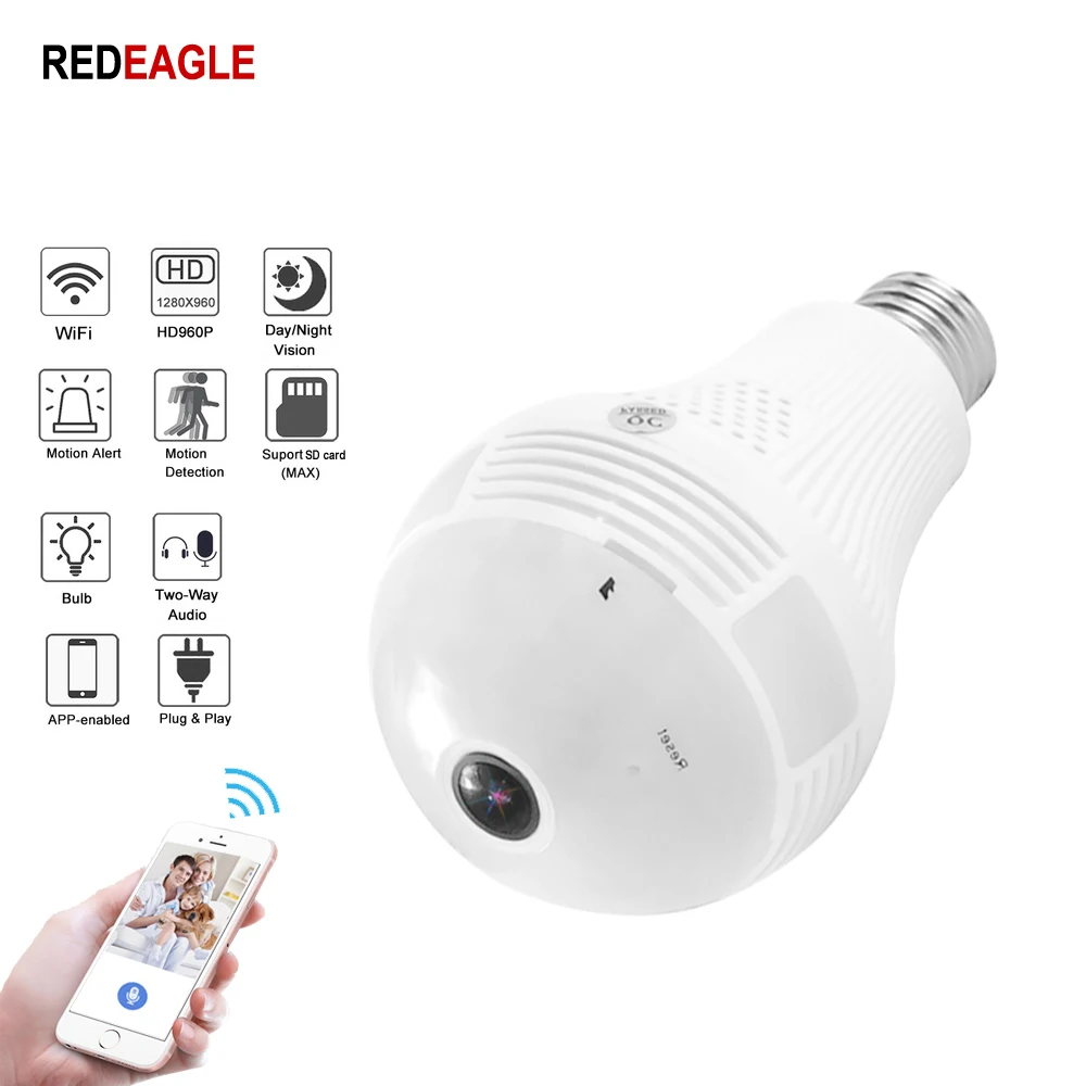 

REDEAGLE 960P 1.3MP Bulb Light Wireless IP Camera Wi-fi FishEye 360 degrees CCTV 3D VR Camera Home Security WiFi Camera