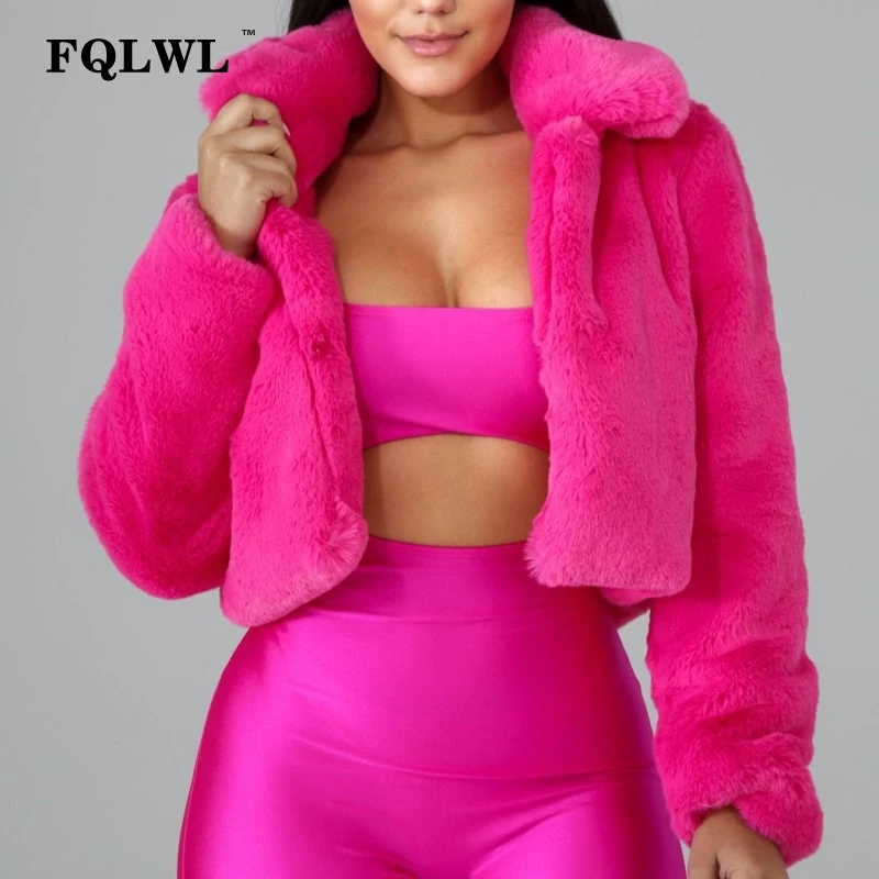 FQLWL Fluffy Faux Fur Coats Women Solid Furry Teddy Turn Down Collar Cropped Jacket Fur Female Overcoat Winter Warm Outerwear