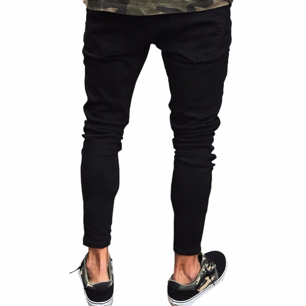 QoolXCWearl Mens Hole Jeans Plus Size S-3XL Slim Biker Casual Denim Skinny Frayed Pants Distressed Rip Jeans Black