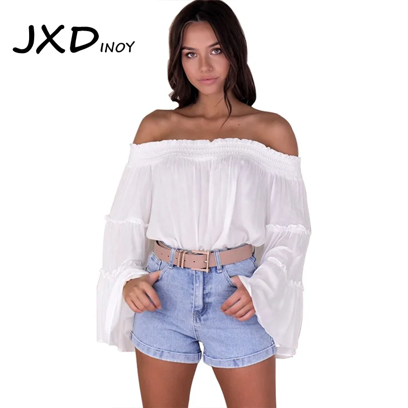 JXDINOY Elegant Women Shirt Striped Off Shoulder T Shirts