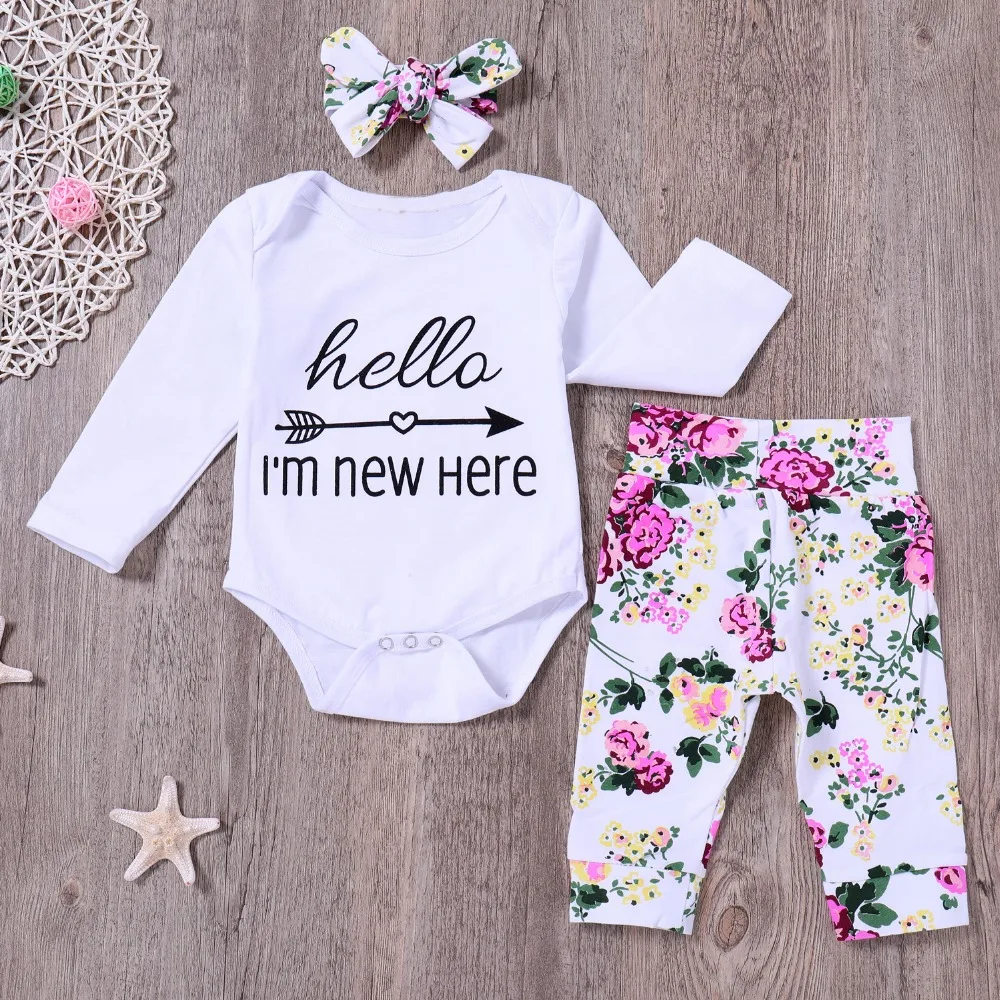 

2019 Newborn Baby Girl Clothes Infant Girls "Hello I'm New Here" Romper+Floral Pants+Headband 3PCS Clothing Sets