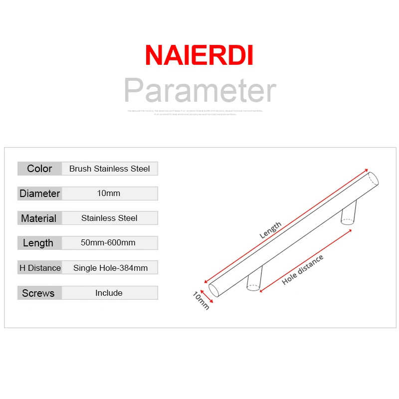 NAIERDI "~ 24" ручки для шкафа из нержавеющей стали Диаметр 10 мм кухонная дверь Т-образная прямая ручка вытяжные ручки мебельная фурнитура