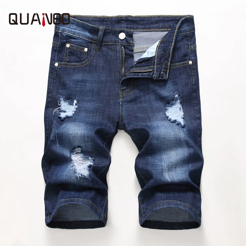

2019 New Summer Men Denim Shorts Jeans Fashion Casual Knee Length Cotton Elastic Shorts Vintage Hole Jeans Shorts Brand Clothing