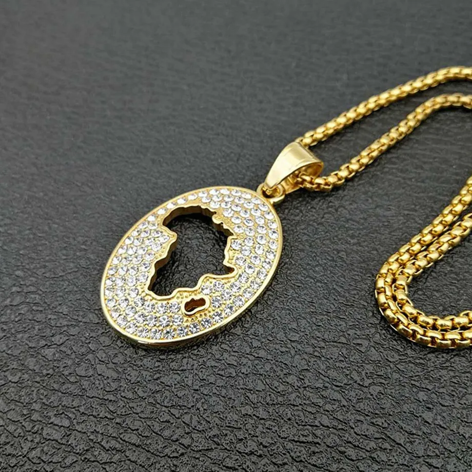 Хип хоп Iced Out Африканская Карта золотые ожерелья и подвески цвет нержавеющая