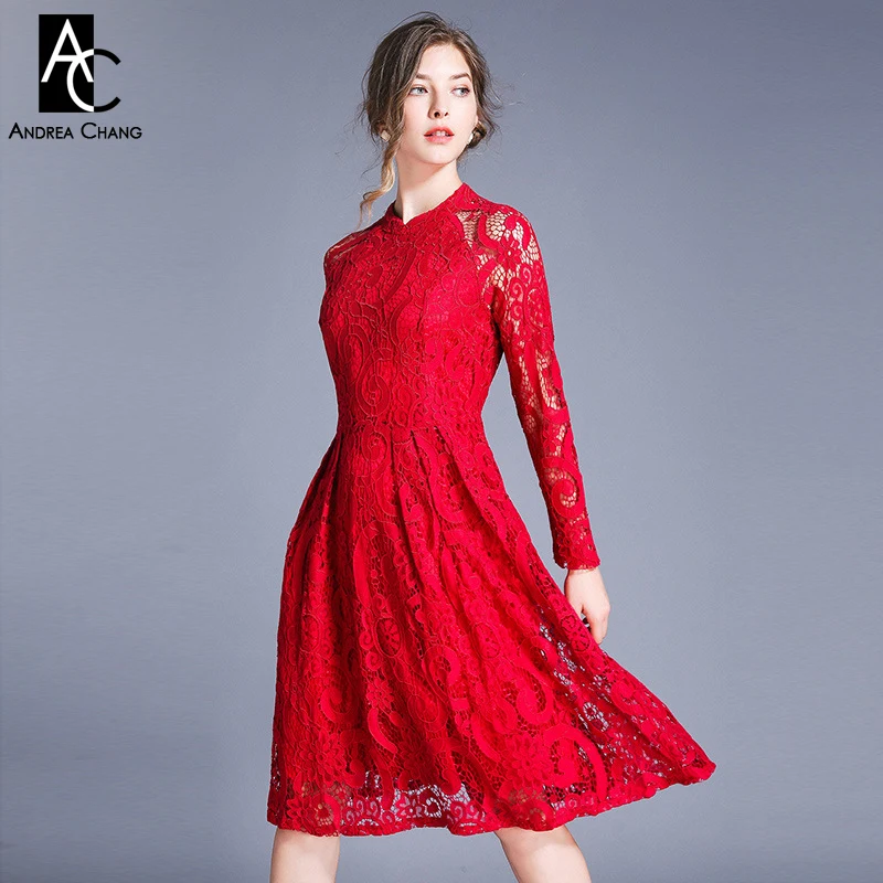 

S-3XL spring summer woman dress paisley pattern dark blue red embroidery lace dress ball gown mandarin collar knee length dress
