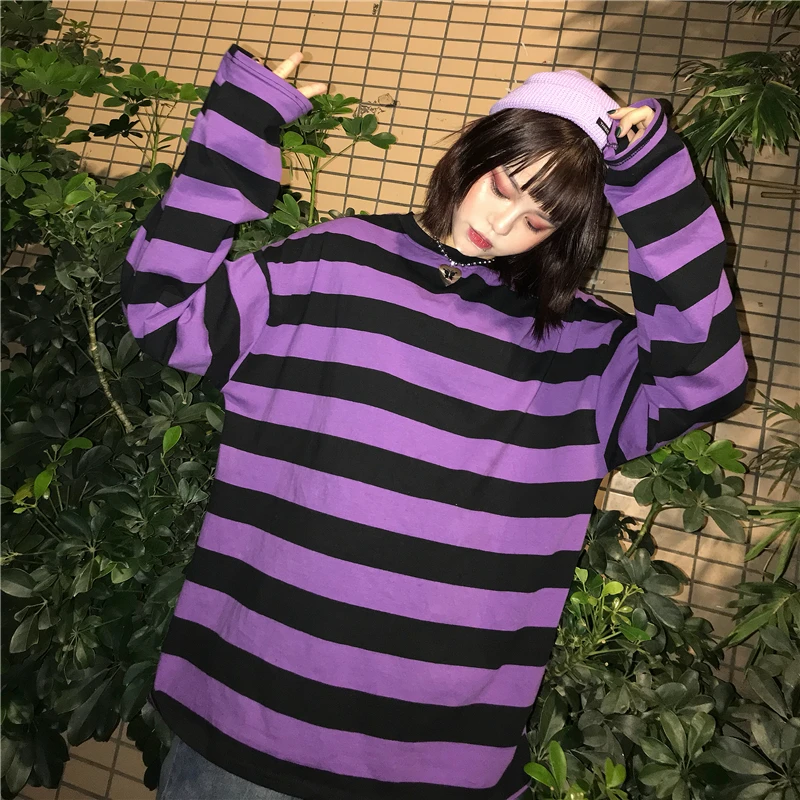 

Women's Clothing Unisex streetwear autumn ulzzang Korea fashion Harajuku Tees loose sweet striped long sleeve oversize T-Shirts