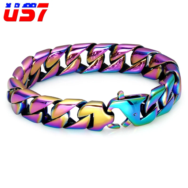 US7 Cool Mens Curb Link Wheat Chain Rainbow Bracelet Heavy Stainless Steel Hip Hop Bangles Bracelets for Men Jewelry Pulseras US7 Cool Mens Curb Link Wheat Chain Rainbow Bracelet Heavy Stainless Steel Hip Hop Bangles Bracelets for Men Jewelry Pulseras