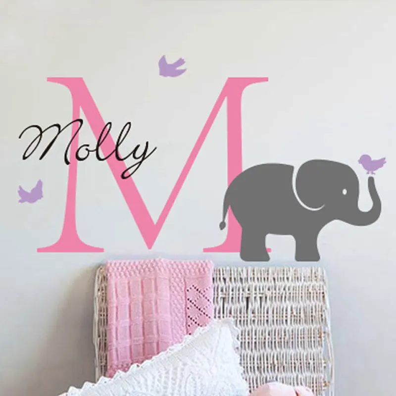 Kids Room Decal Nursery Wall Decal Girls Name Wall Decal with Elephant /& Birds Personalized Decal