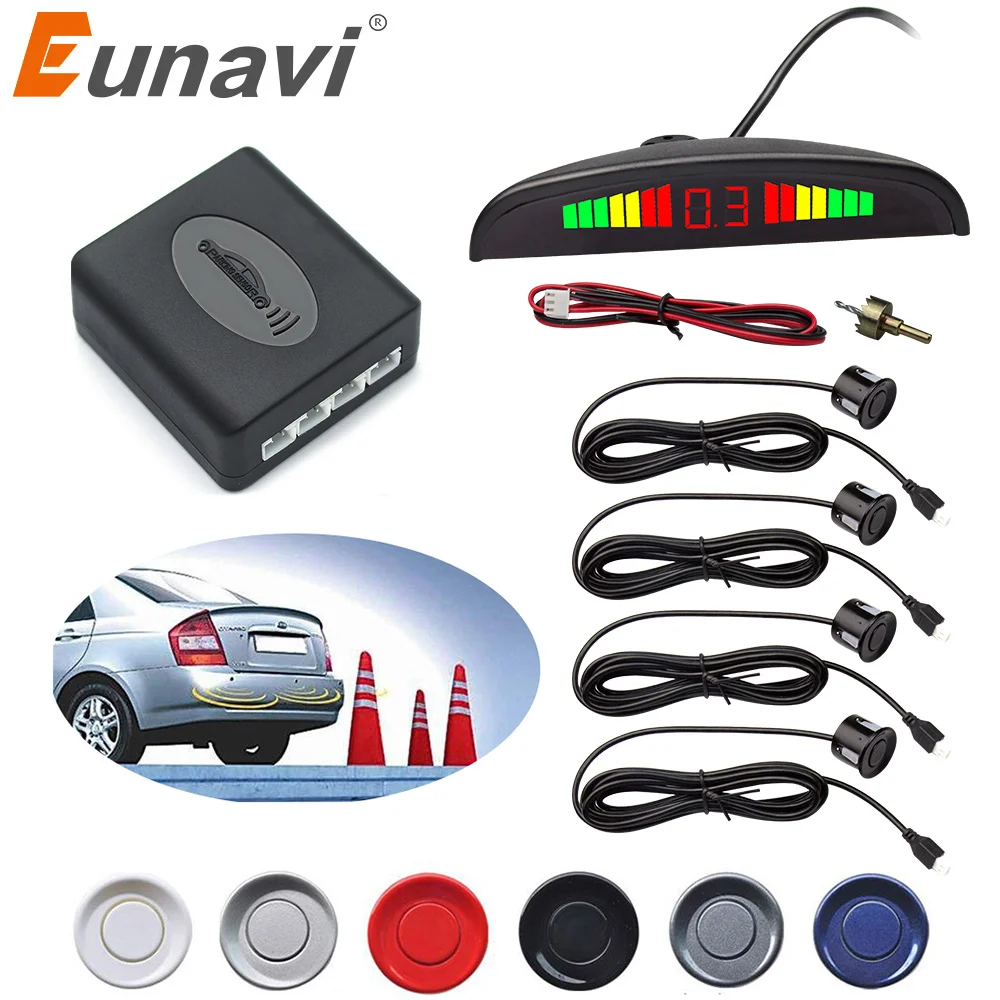 

Eunavi Car LED Parking Sensor Kit 4 Sensors Backlight Display Reverse Backup Radar Monitor System 9-16V Free Shipping