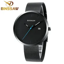 BINSSAW Mens Watches Top Brand Luxury Pure Men All Black Watch Stainless Steel Wrist Watches Ultra-thin Thin Fashion Slim Watch