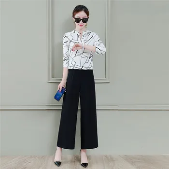 

CBAFU chiffon women wide legs pants suit office lady print blouse loose pants suit 2 piece set summer women suit sets work D944