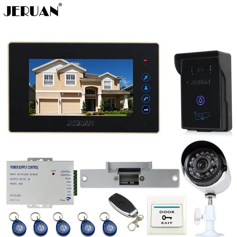Cheap JERUAN 7 inch Video door Phone Entry intercom System kit RFID Access IR Camera +metal 700TVL Analog Camera + remote control