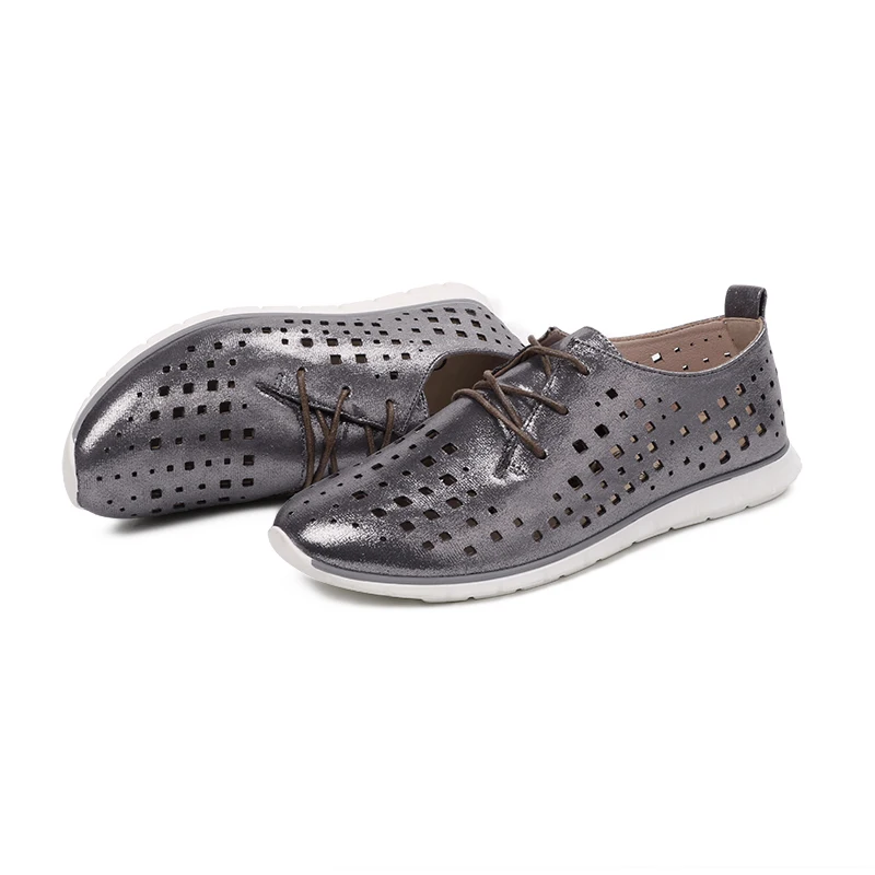 AIMEIGAO New Autumn Spring Soft Leather Women Flats Shoes Lace Up Breathable Shoes Hollow Out Casual Women Flat Soft Shoes