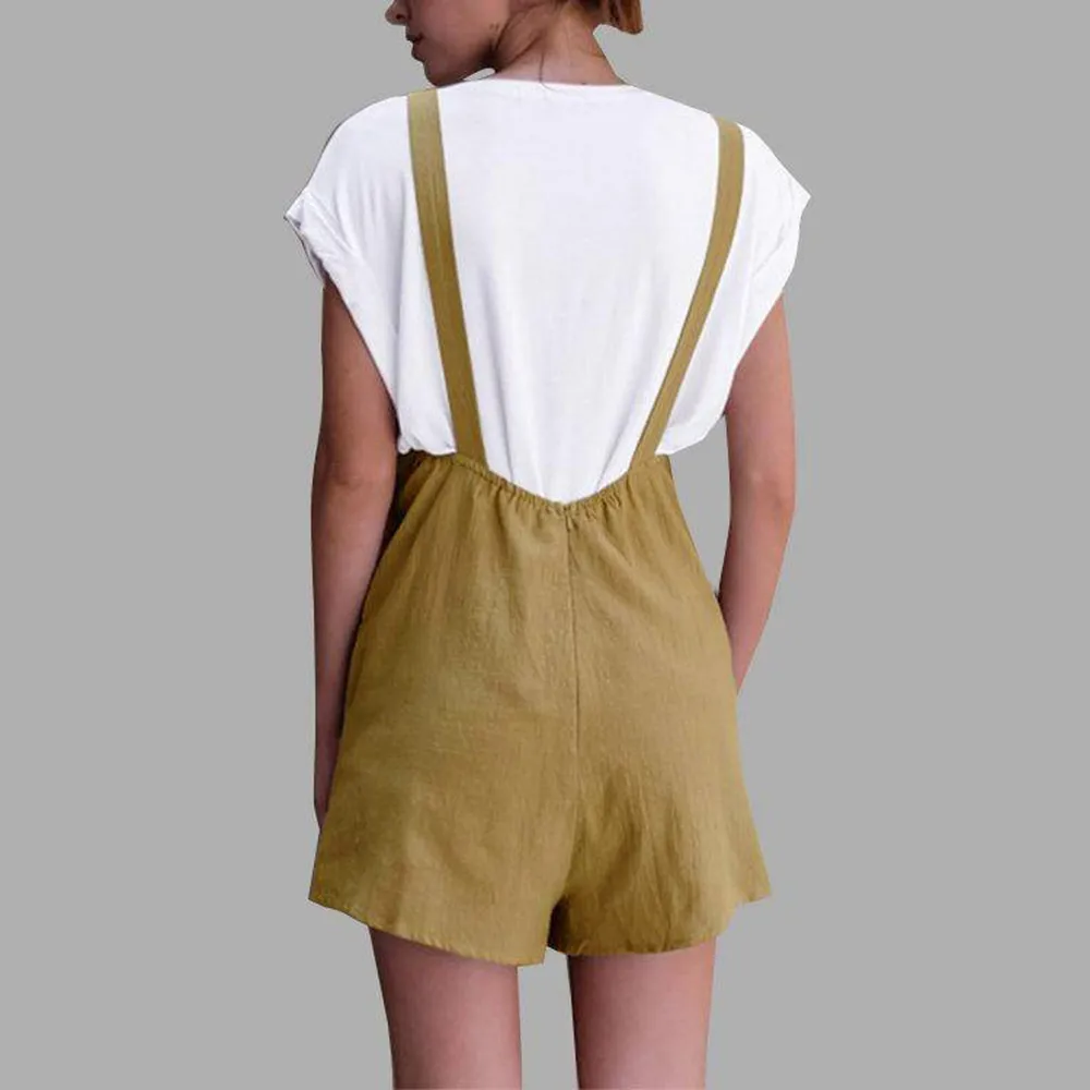 Women Summer fashion elegant jumpsuit Elastic Waist Dungarees Linen Cotton casual solid color rompers dungarees for women