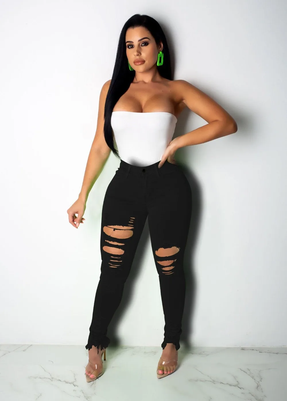 Размера плюс 2XL неоновый зеленый оранжевый секси Джинсы Брюки для Для женщин высокие эластичные отверстия Повседневное джинсовые штаны уличная узкие брюки