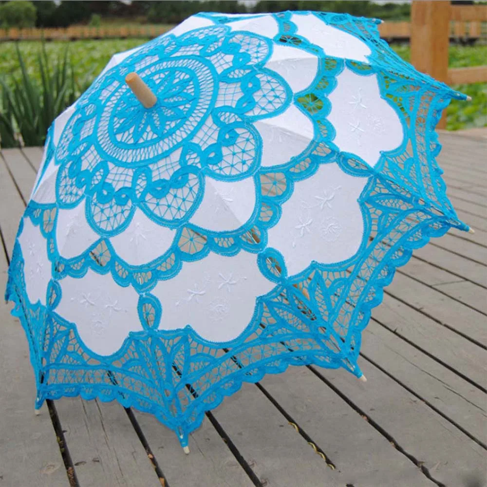 Анти-модный зонтик от солнца, хлопковый Вышитый свадебный зонтик, белый кружевной зонтик в стиле бэттенбург, Свадебный зонтик, украшения - Цвет: sky blue color