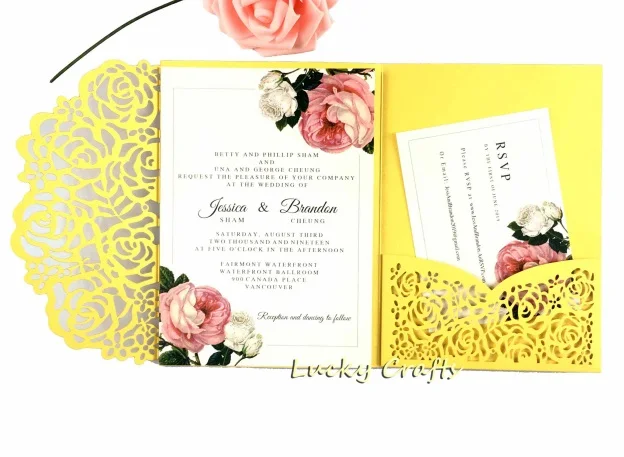 50 шт., жемчужные темно-синие свадебные пригласительные открытки в карман, три раза, карман, лазерная резка, роза, пригласительные, вечерние чехлы - Цвет: golden yellow
