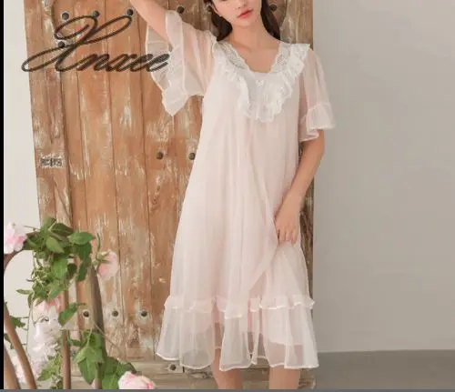 

Xnxee summer short-sleeved pajamas women's thin section cotton silk lace sweet princess nightdress female sense home service