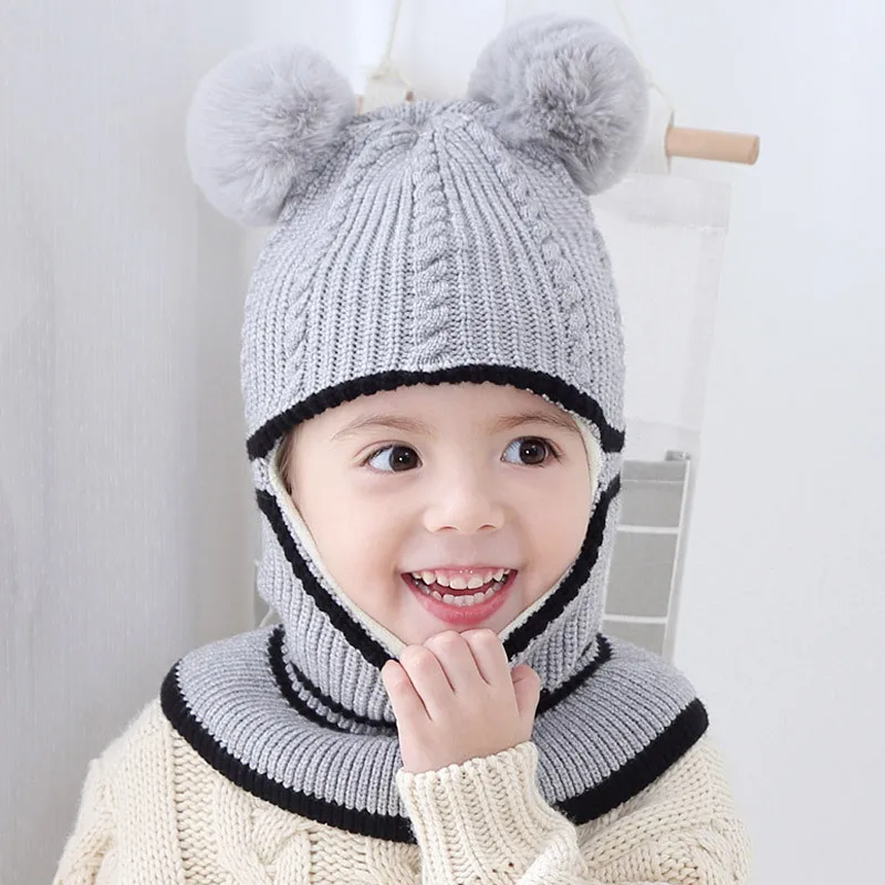 Beanies/детская шапка с помпоном, зимняя детская шапка, вязаная Милая шапочка для девочек и мальчиков, повседневные однотонные детские шапки для девочек - Цвет: Серый
