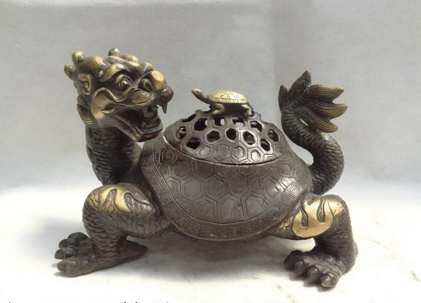 

song voge gem S2564 10" Chinese Buddhism Bronze Dragon Turtle Statue Box Incense Burner Censer