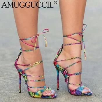 

2020 New Plus Big Size 35-52 Colorful Lace Up Fashion Sexy High Heel Party Wedding Summer Girl Female Ladies Women Sandals L1148