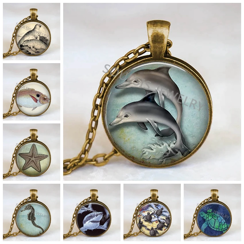 

Dolphin Turtle Necklace for Unisex Jewelry with Bronze Plated Glass Cabochon Pendant Choker Necklace Party Gift