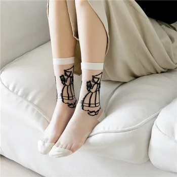 

SP&CITY 2019 Japan Style Lolita Patterned Transparent Women Glass Socks Ins Sheer Fashion Thin Socks Personal Ankle Art Sox