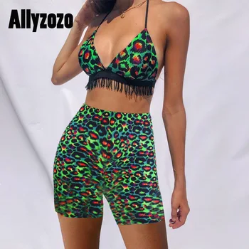

Allyzozo Summer Green Leopard Print Tassel Spaghetti Strap Backless Tops and Shorts Sexy two piece pants set women Outfits