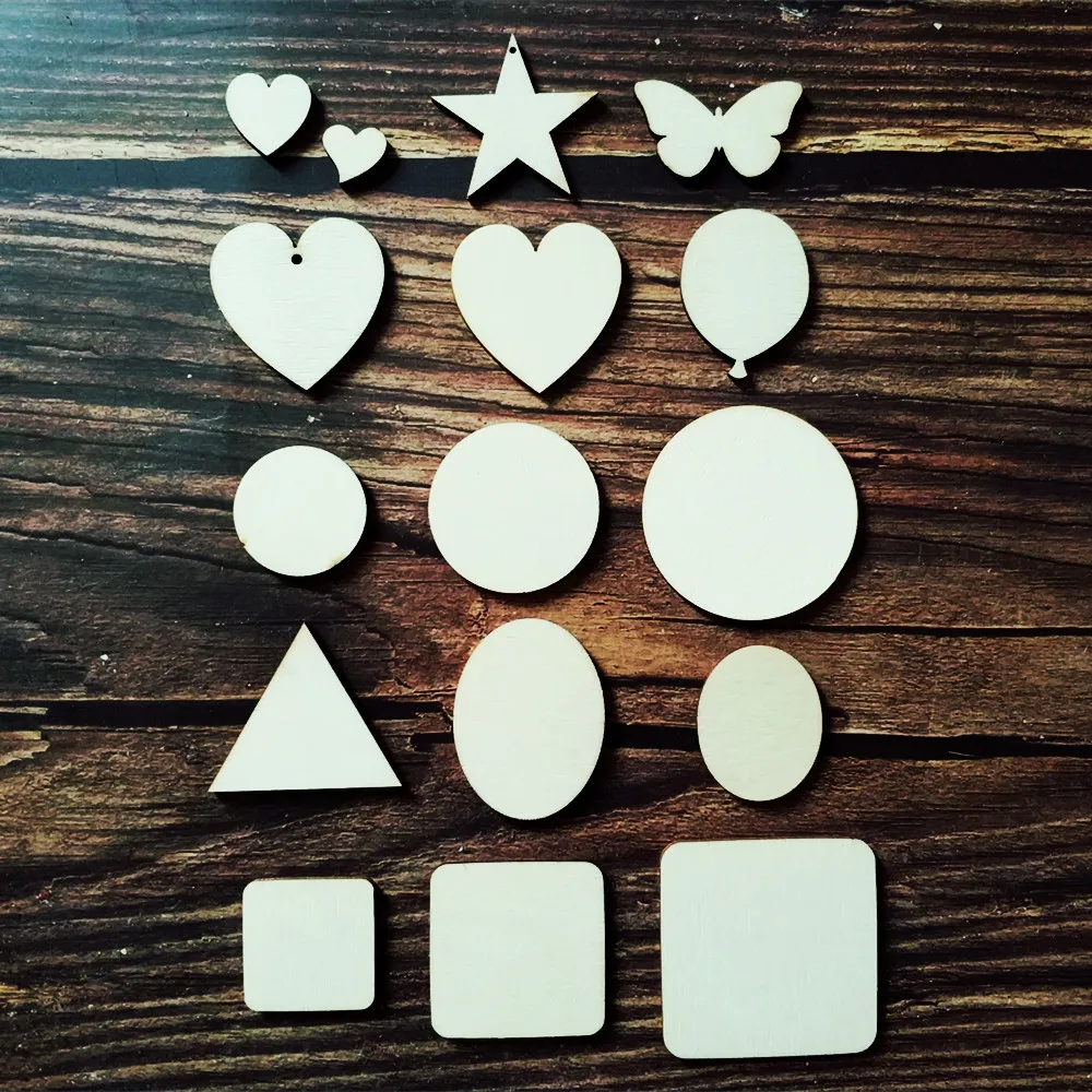 

50pcs/lot Blank Unfinished Wooden Square Round Oval Star Butterfly Heart DIY Craft Embellishment Scrapbooking
