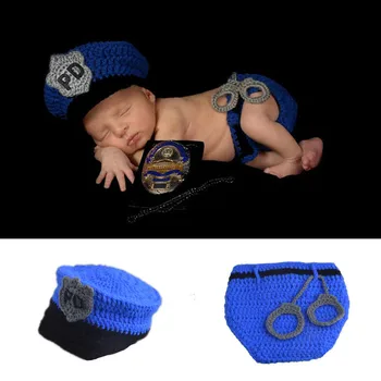

Christmas 2pcs Blue Clothing Clothes+hat Police handcuffs Handmade Knitted Newborn Infant Baby Set