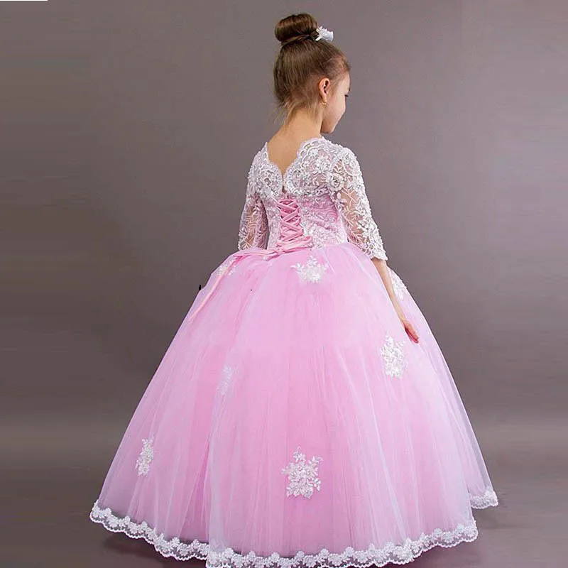 Новые розовые пышные фатиновые Детские вечерние платья для мам, вечерние платья с длинными рукавами, белые кружевные аппликации Формальные нарядные платья для девочек на заказ