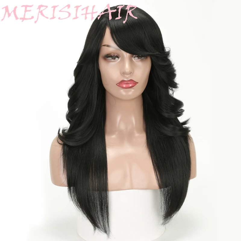 MERISI HAIR Black Color Long Straight With Bangs Hairstyle Curly And Straight Hair Mix Synthetic Wigs Black Women Heat Resistant (4)