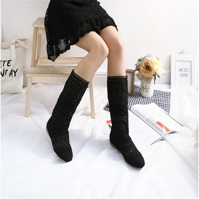 Femininas de Malha Botas de Malha de Fundo Botas de Renda Primavera e Outono Sapatos com Calçados Oca para Primavera e Outono Botas Plano Tubo Alto Baixo Femininas Respiráveis 2021 - 43 High Quality Calçados