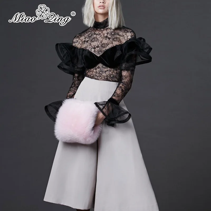 MIAOQING 2019 Весна Винтаж резное кружевное лоскутное бархат блузки для малышек и топы корректирующие для женщин черный, белый Вечерние ночь