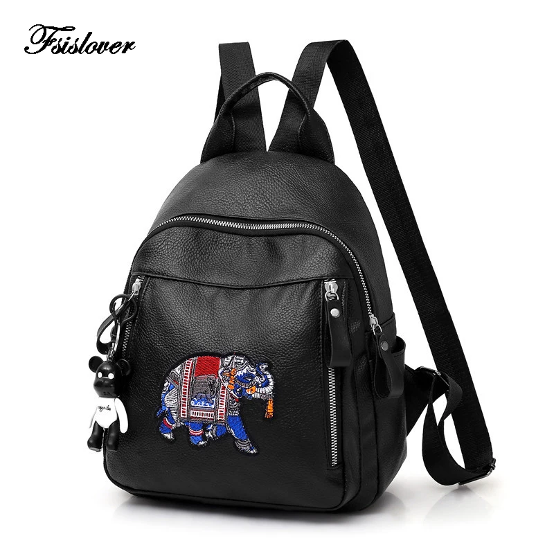 

FSISLOVER Brand Women Leather Backpacks Female School bags for Girls Rucksack Retro Elephant Embroidery Travel Bagpack Mochila
