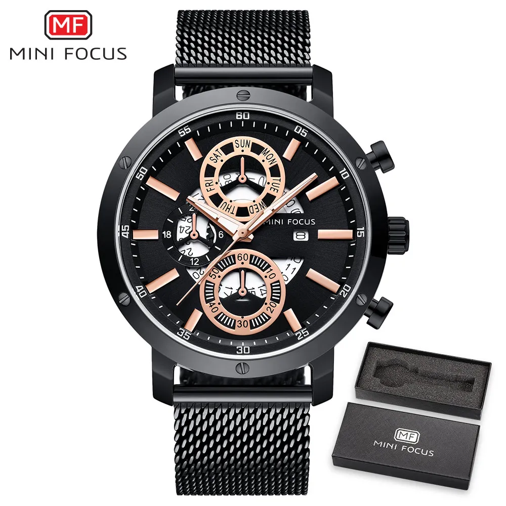 MINIFOCUS повседневные мужские спортивные часы лучший бренд Роскошные Кварцевые часы мужские сетчатый ремешок водонепроницаемые хронограф ультра тонкие наручные часы - Цвет: BOX BLACK