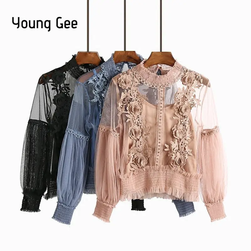 Goede Jong Gee 2018 Lente Herfst Vrouwen Tops Fashion Sexy Sheer Lace Blouse Lantaarn Mouwen Bloemen Shirt Elegante Top blusas femininas