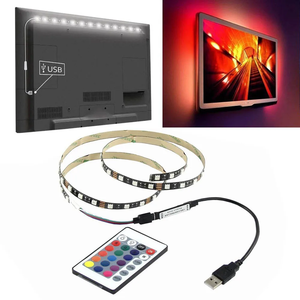 

5V 50-200CM RGB LED Strip Light Bar TV Back Lighting Kit+USB Remote Control 5050 60SMD Desk Decor Lamp Tape For TV Background