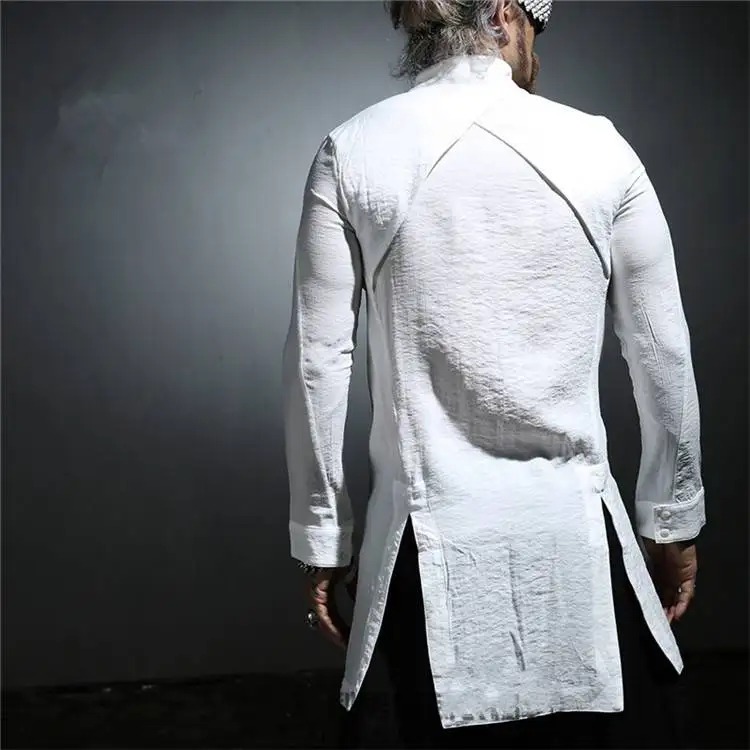 

Spring New Mens Club Shirts Long Shirt Slim Fit Split Hairstylist Tops Black White Size M-4XL Buttons Front L26
