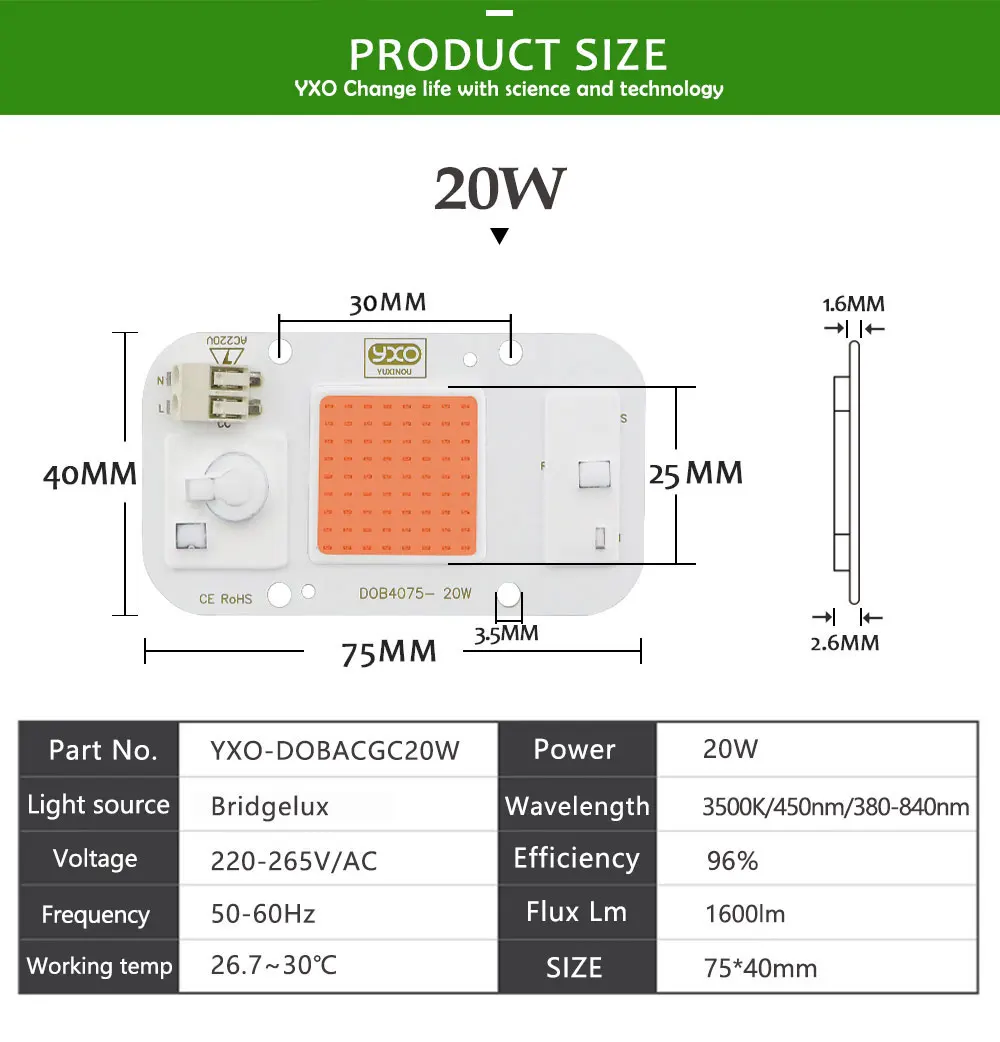 1 шт. Hydroponice AC 220 В 20 Вт 30 Вт 50 Вт cob светодиодный светать чип полный спектр 370nm-780nm для комнатных растений рост рассады и цветок