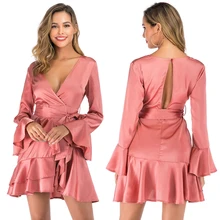 2019 Autumn Layered Ruffle Hem Dress Women Deep V Neck Tie Cutout Back Bow Dress Pink Blue Long Flare Sleeve Dresses Winter New 2019 Autumn Layered Ruffle Hem Dress Women Deep V Neck Tie Cutout Back Bow Dress Pink Blue Long Flare Sleeve Dresses Winter New