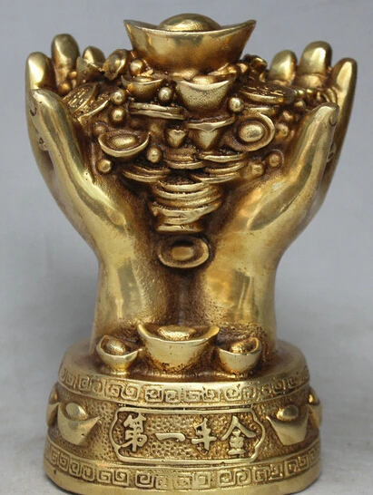 

302@g++5" Chinese Folk Brass Buddha Head Wealth Rich Money Coin YuanBao Ingot Statue